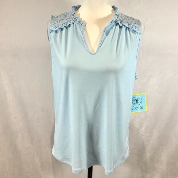 CeCe sky blue smocked shoulder vneck blouse top size large NWT - Picture 1 of 6
